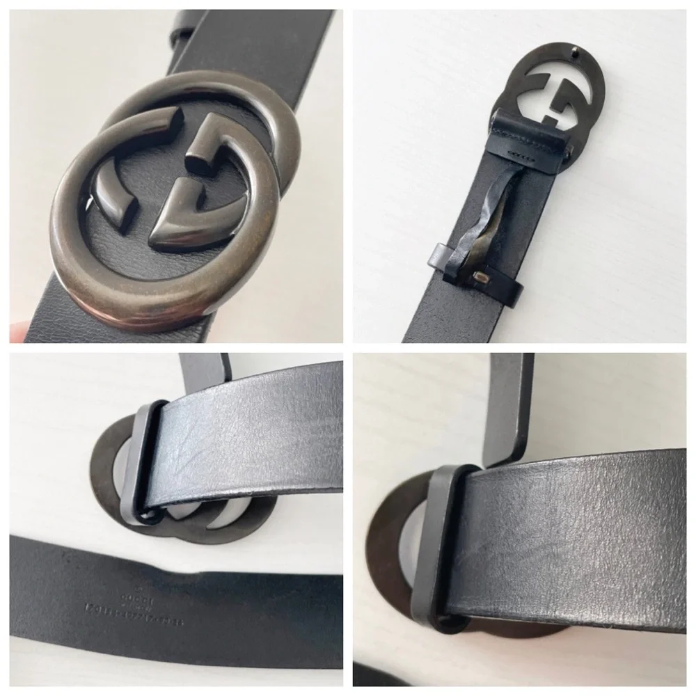 Gucci black leather solid bronze interlocking GG buckle belt
